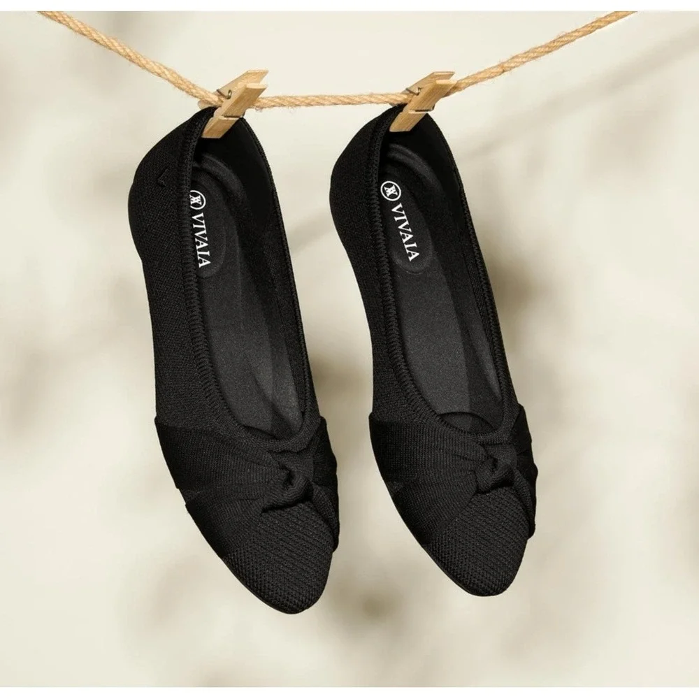 VIVAIA Bibi Deep Ebony Black Pointed Toe Knotted Knit Flats EU 40 US 9